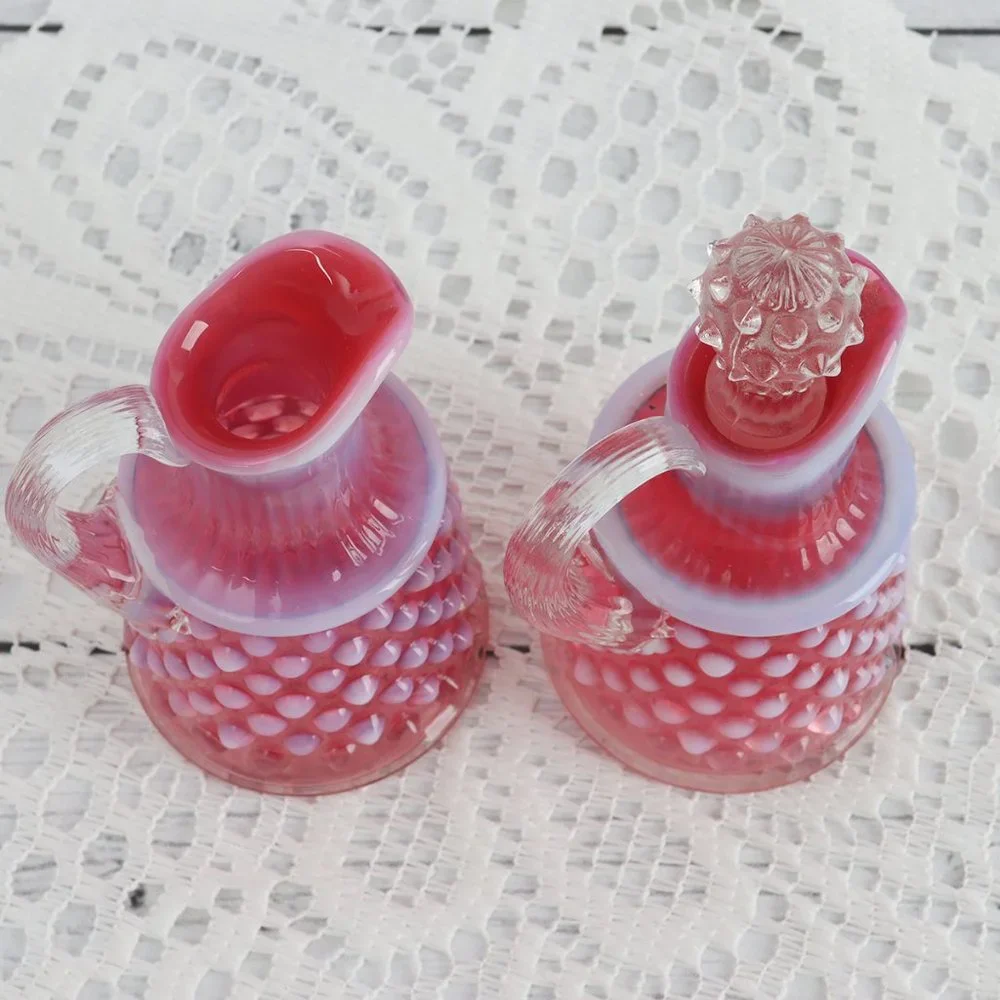 Vintage Fenton Oil Cruet & Stopper and Handled Cruet Hobnail Cranberry Set